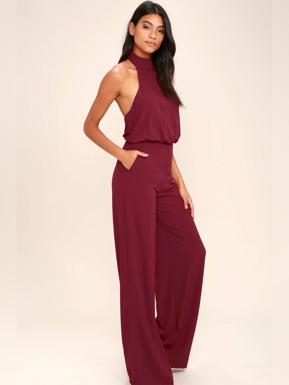 Lulu's Moment for Life Wine Red Halter Jumpsuit Wide Leg Small Cocktail NWT